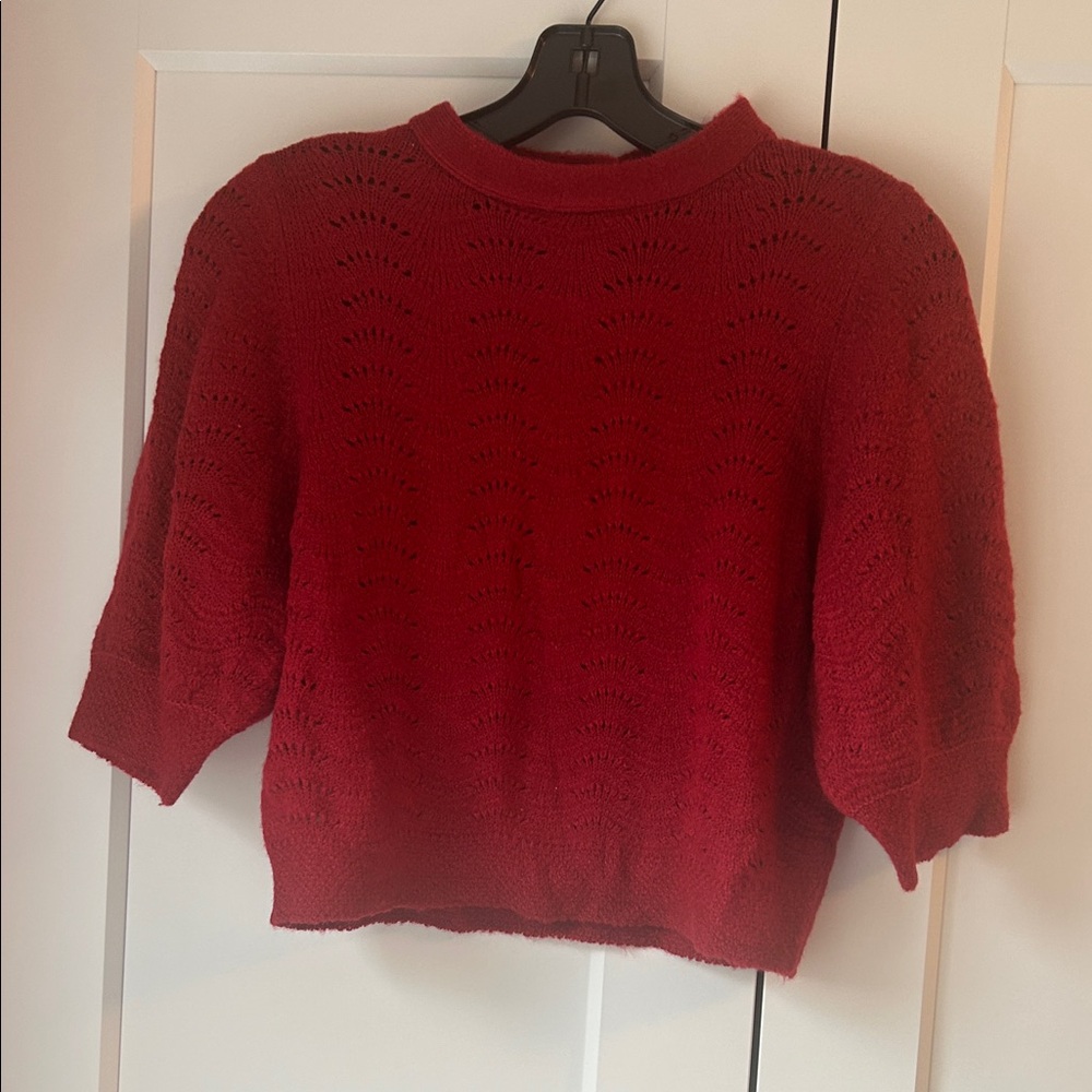 Mango Vibrant Cropped Red Crew Neck Sweater, Size XS